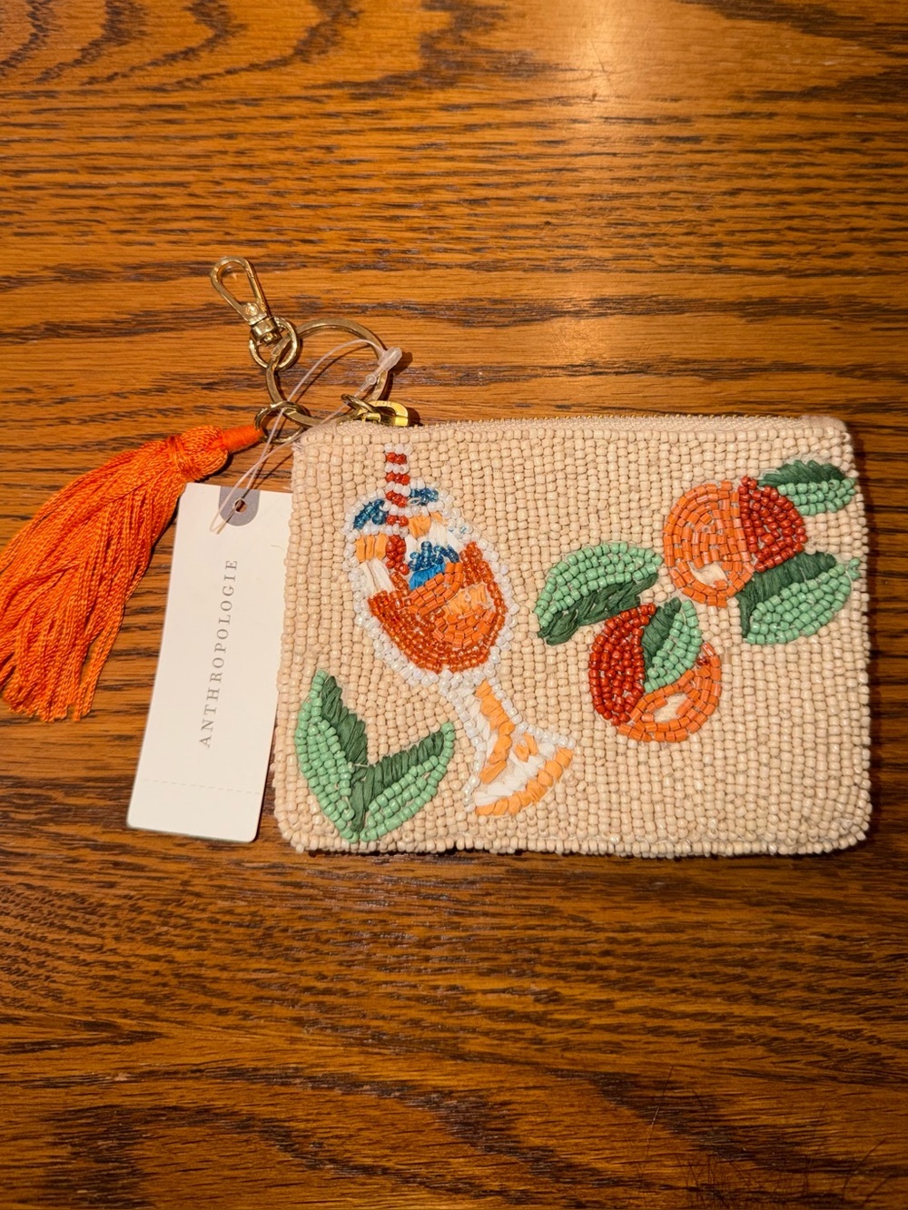 Anthropologie Beaded Spritz Stripe Key Pouch in Mint, Orange & Cream